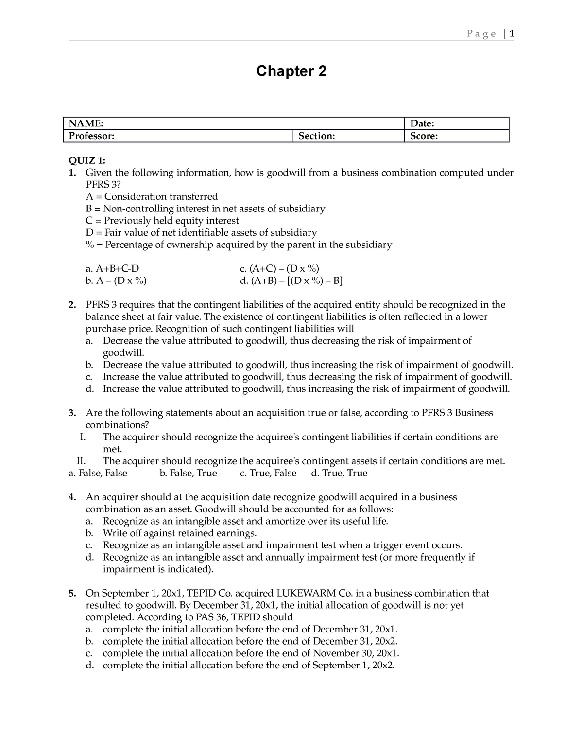 Activity (Accounting for Business Combination) - Chapter 2 NAME: Date ...