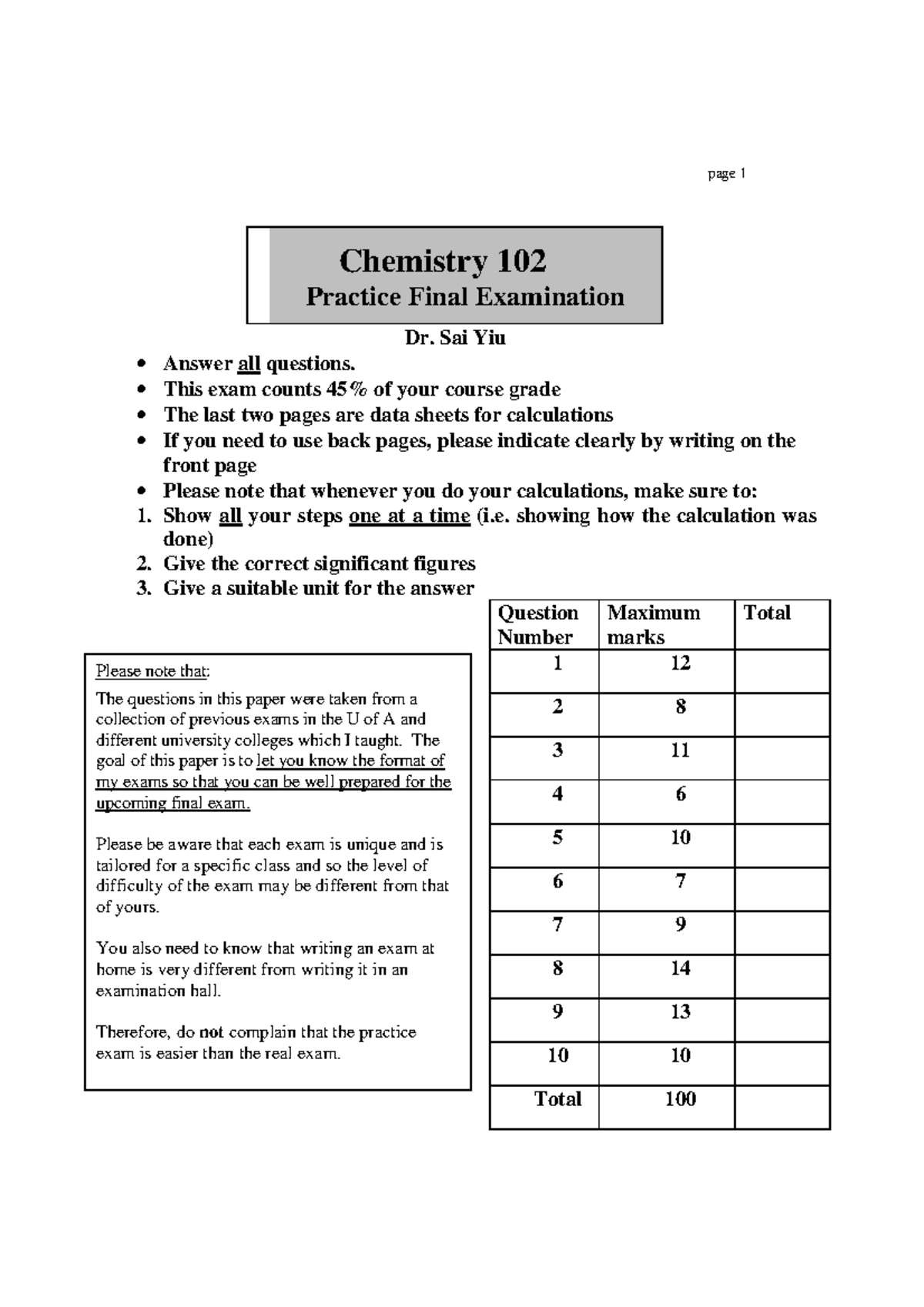 Final exam, answers - Chemistry 102 Practice Final Examination Dr. Sai ...