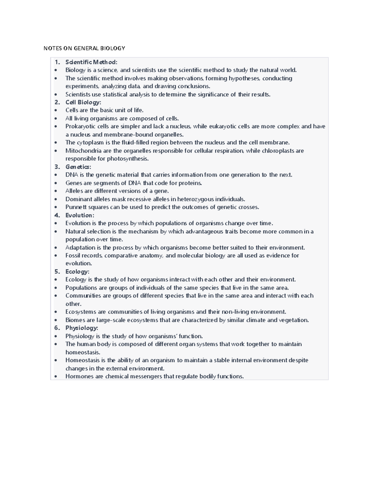 Notes ON BIO General - NOTES ON GENERAL BIOLOGY 1. Scientific Method ...