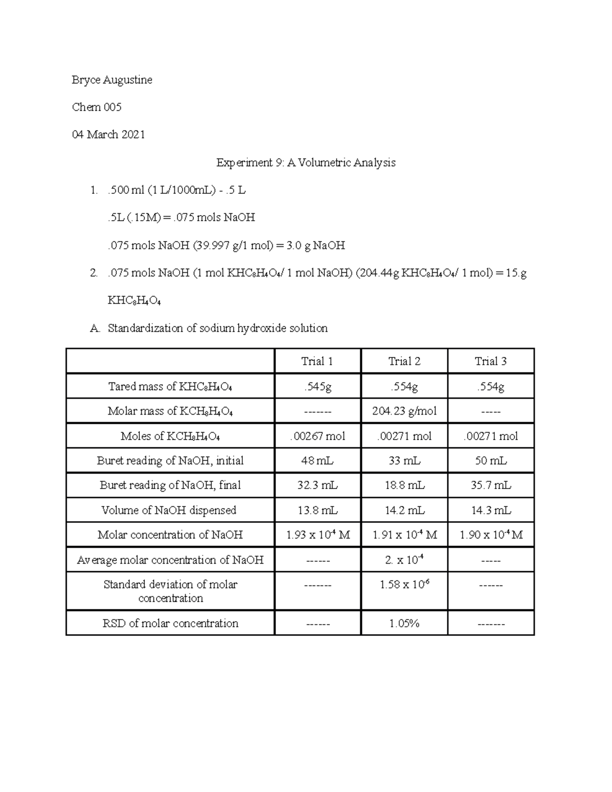 a volumetric analysis experiment 9