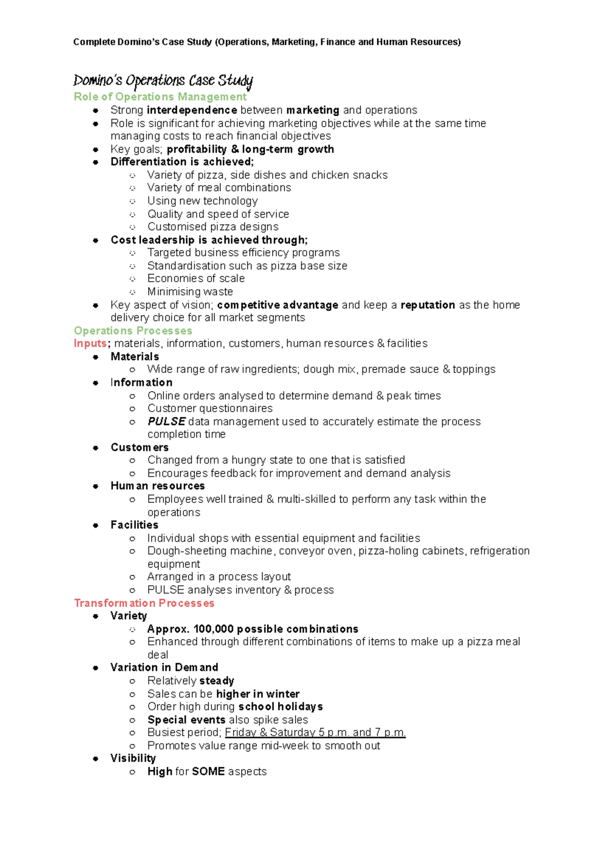Dominos case study - Domino’s Operations Case Study Role of Operations ...