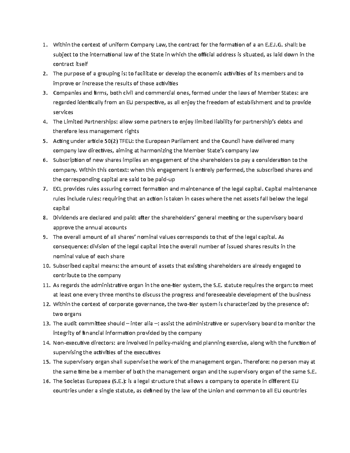 Questions of Corporate law Within the context of uniform Company Law