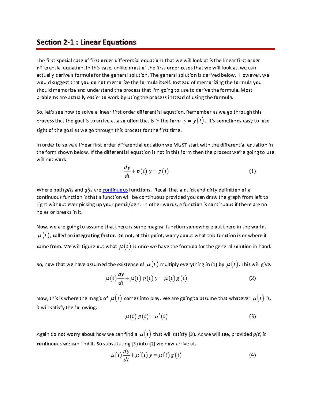 DE Linear - Section 2-1 : Linear Equations The first special case of ...