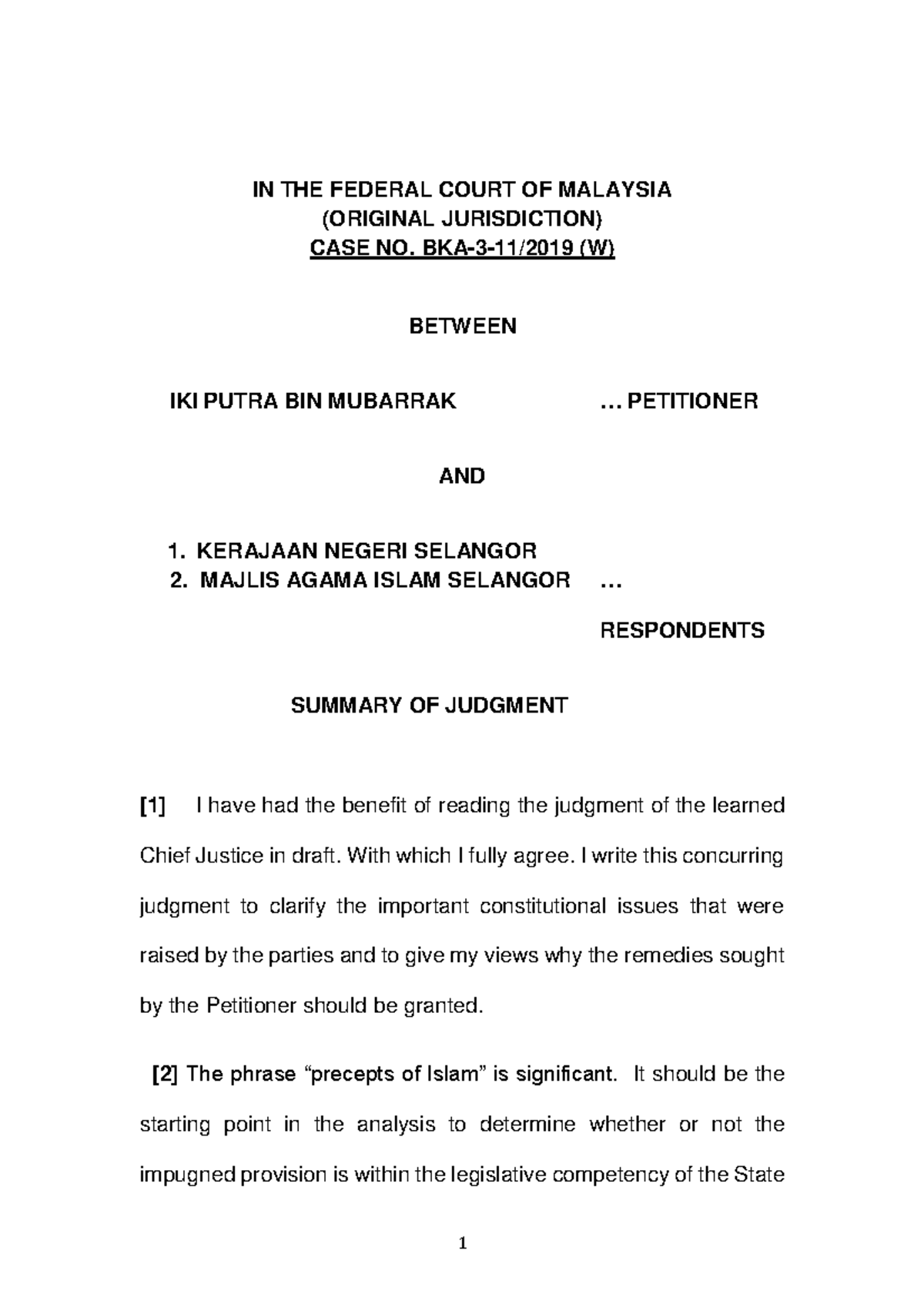 Summary IKI Putra (CJM) Consti I - IN THE FEDERAL COURT OF MALAYSIA ...