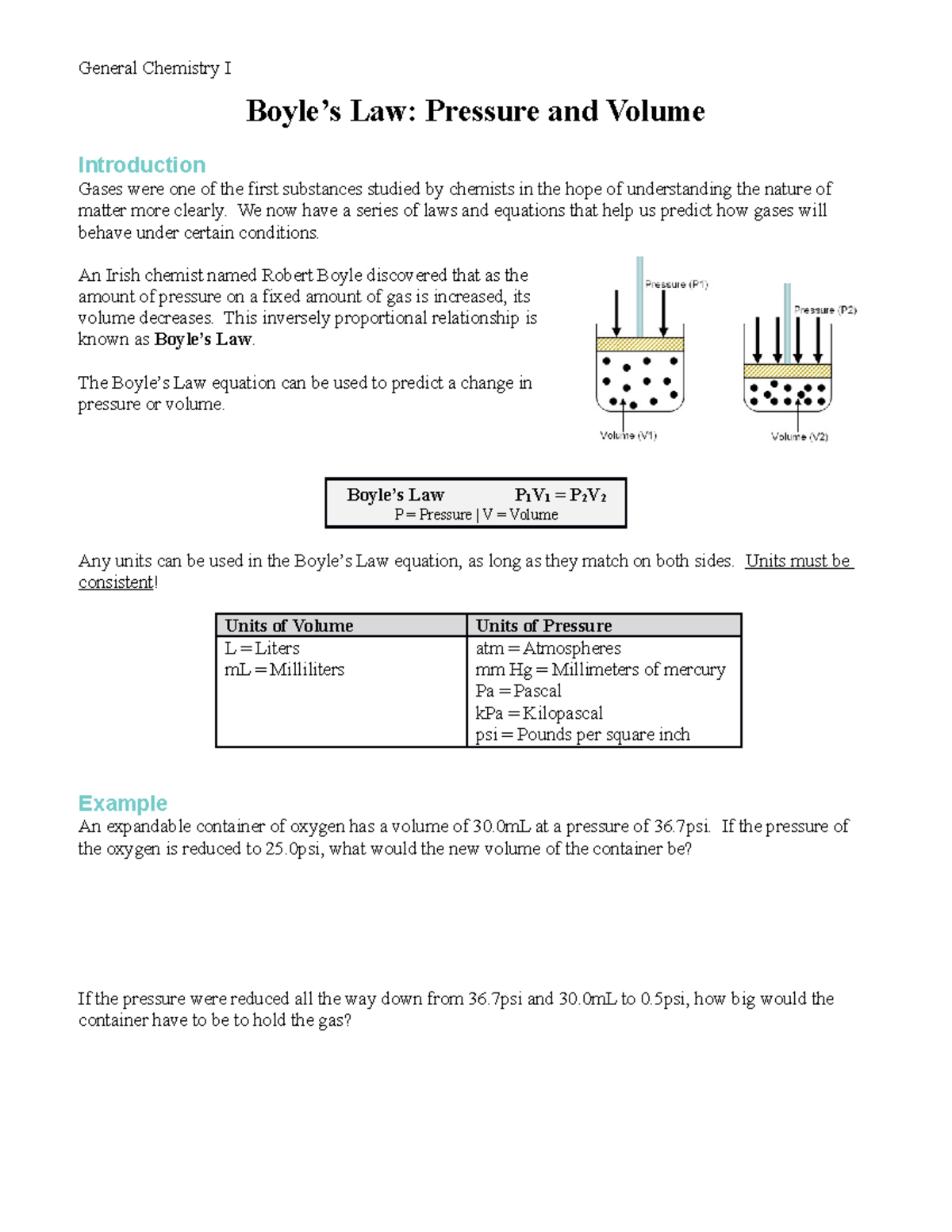 Boyle's Law This is coursework for General Chemistry I. General