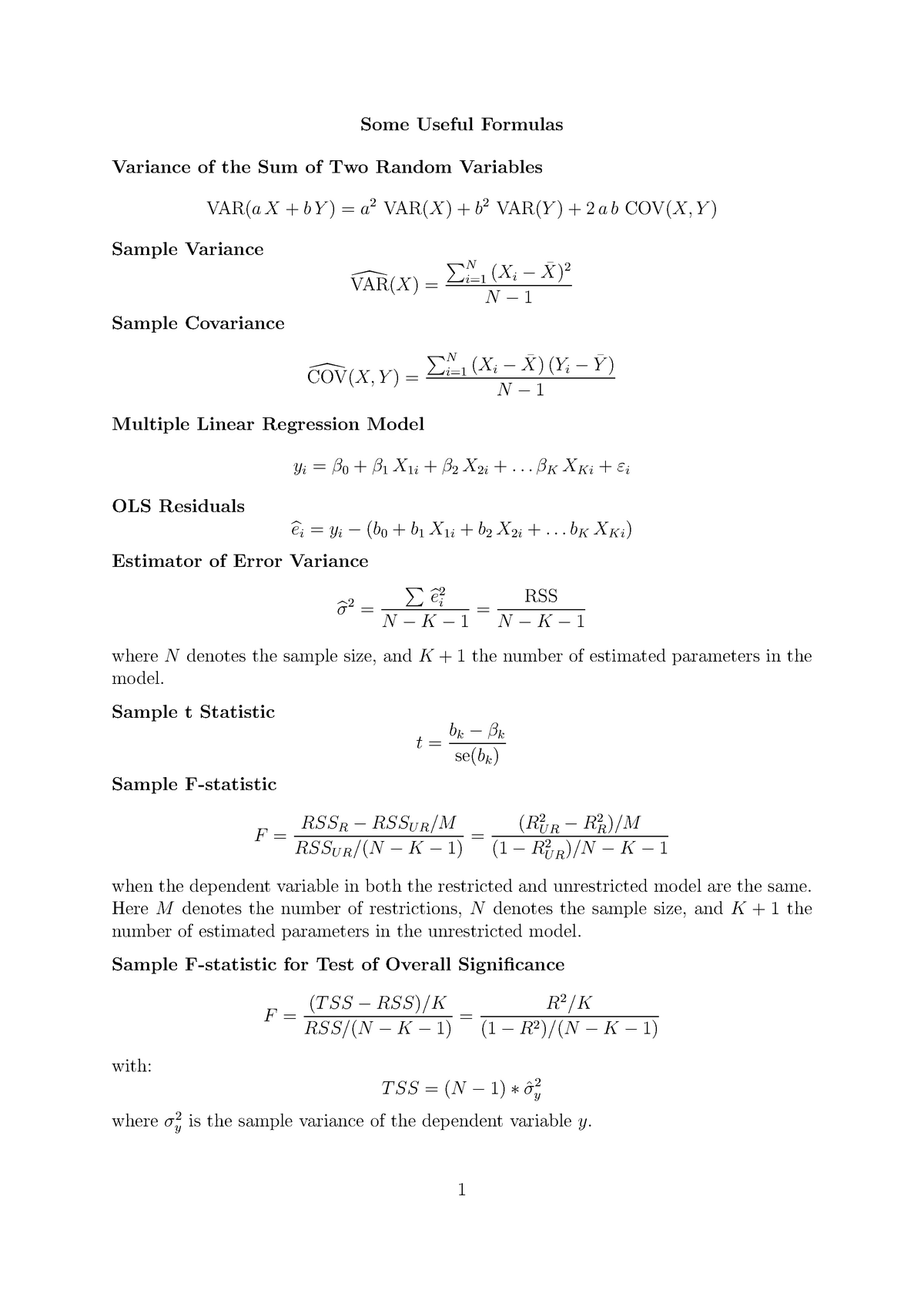 Formula Sheet Mid Semester Test Some Useful Formulas Variance Of The Sum Of Two Random Variables Studocu