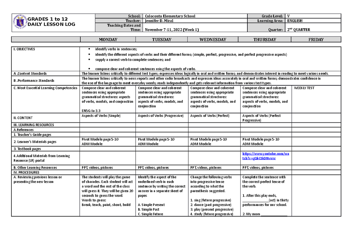 DLL English 5 Q2 W1 - ASDFG - GRADES 1 to 12 DAILY LESSON LOG School ...