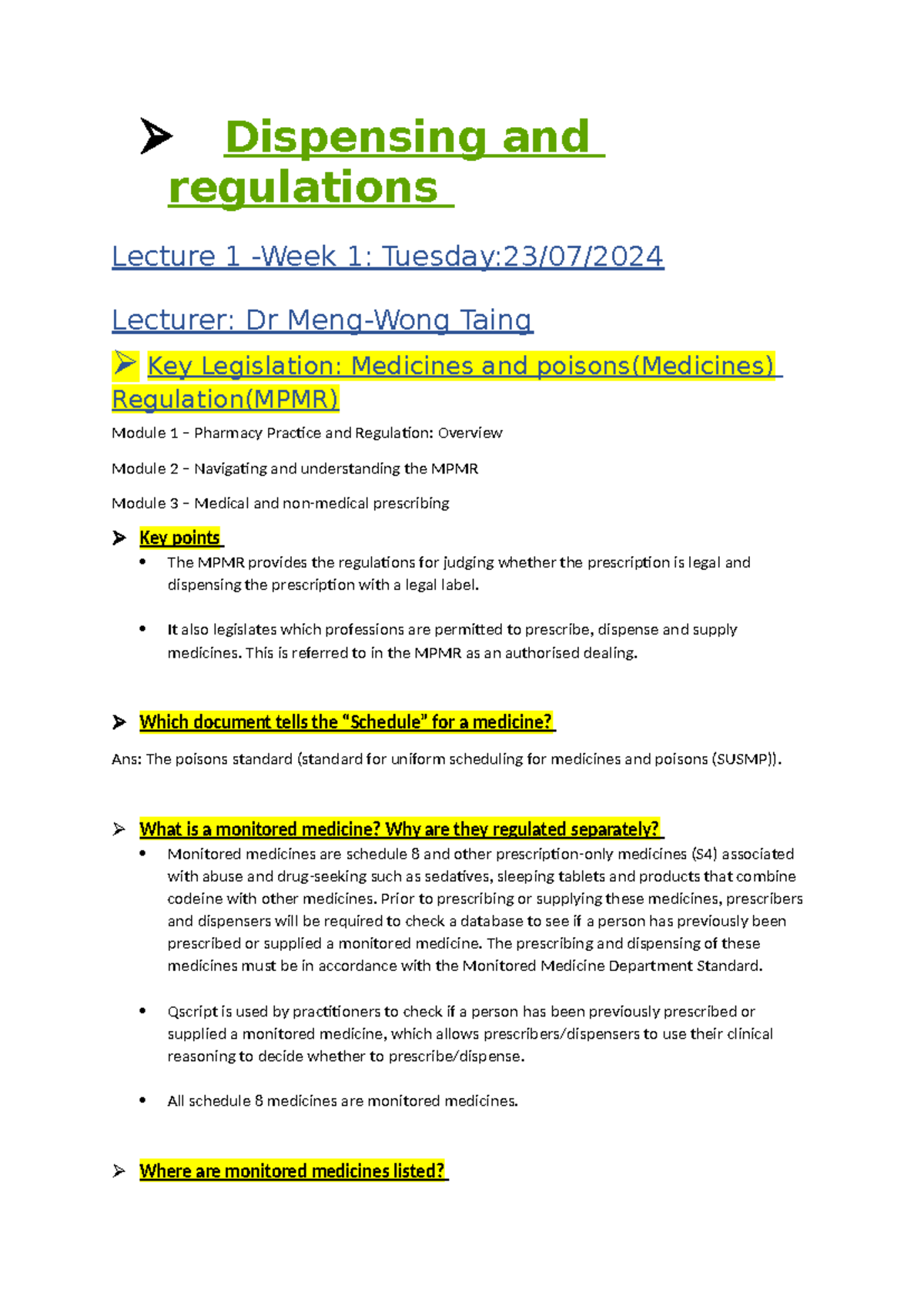 Seminar 1 - Lecture notes - Dispensing and regulations Lecture 1 -Week ...