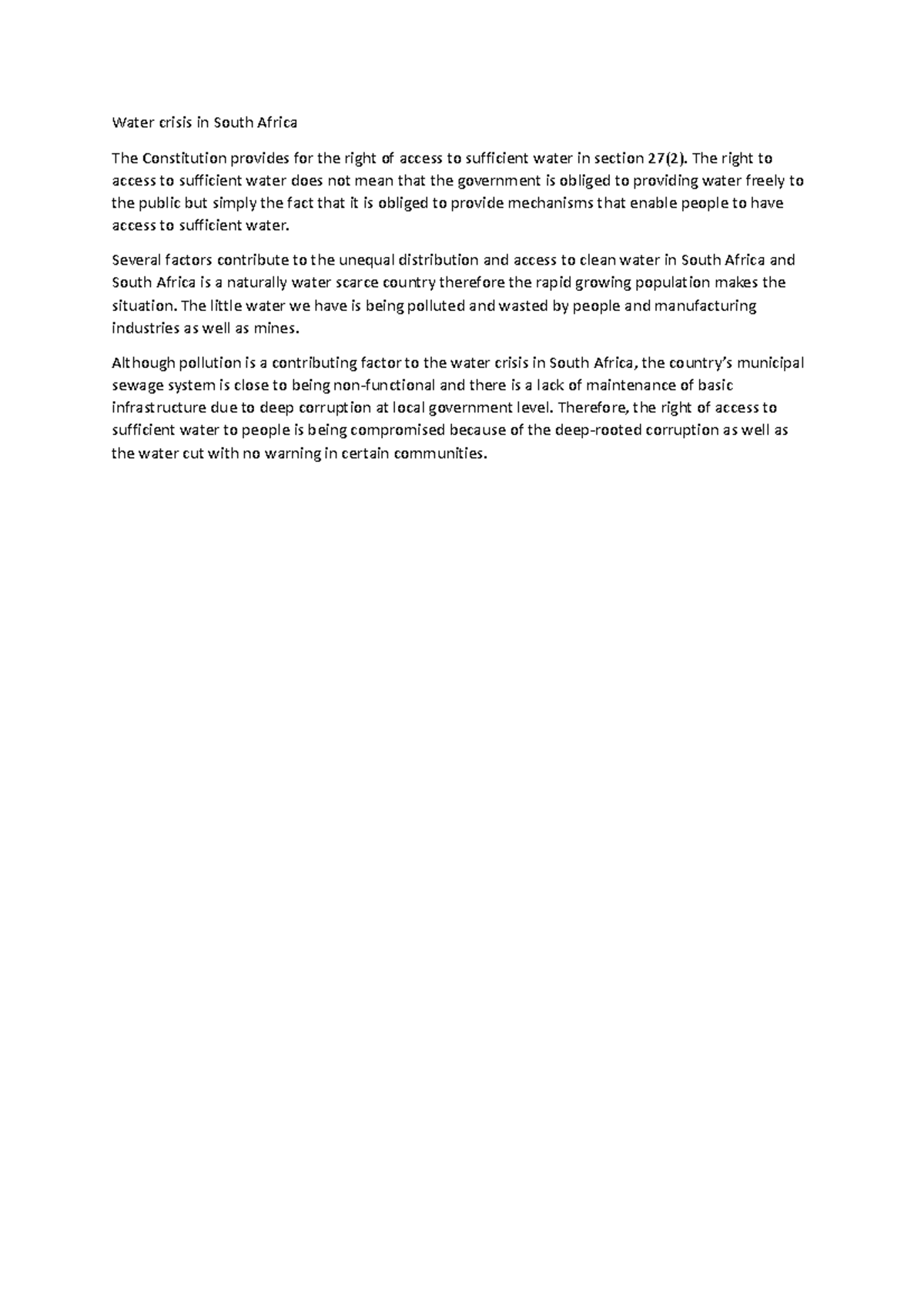 Water crisis in South Africa - The right to access to sufficient water ...
