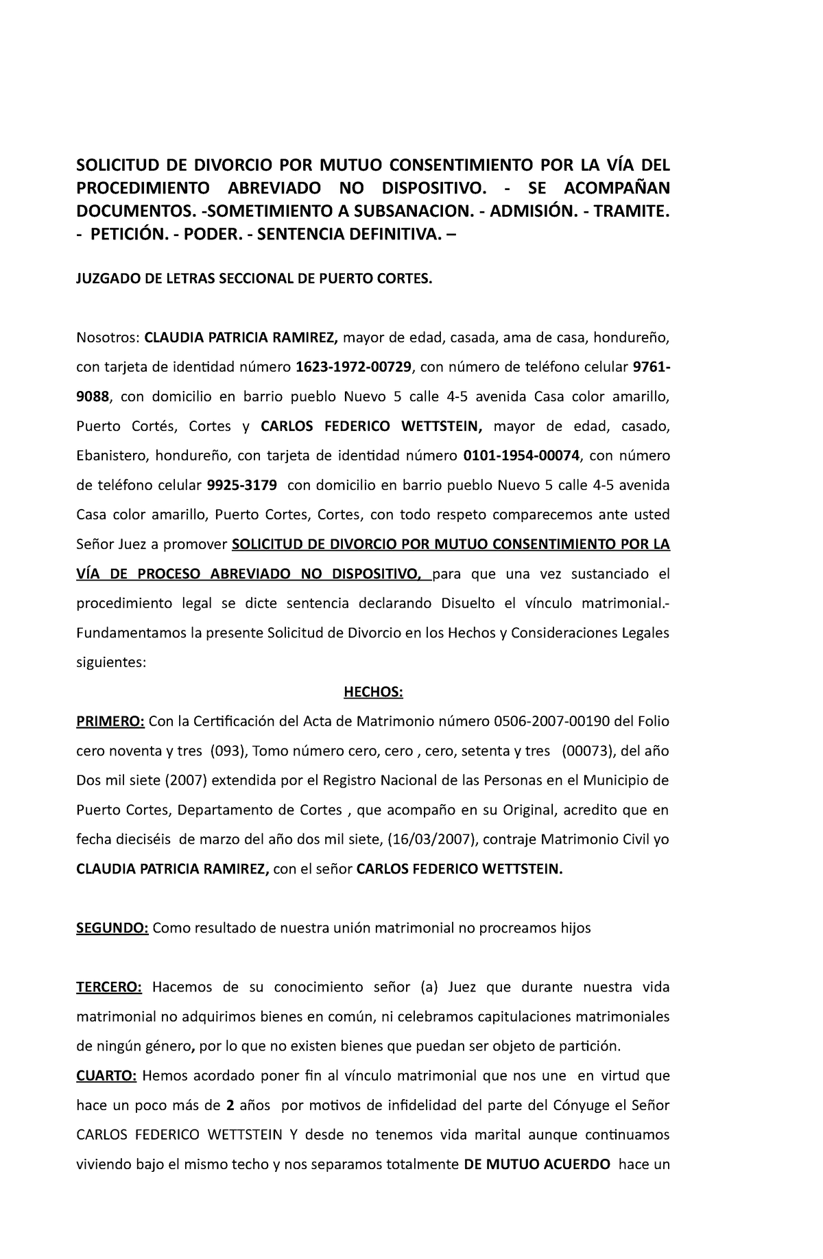 Solicitud DE Divorcio POR Mutuo Consentimiento 09-03-22 - SOLICITUD DE ...