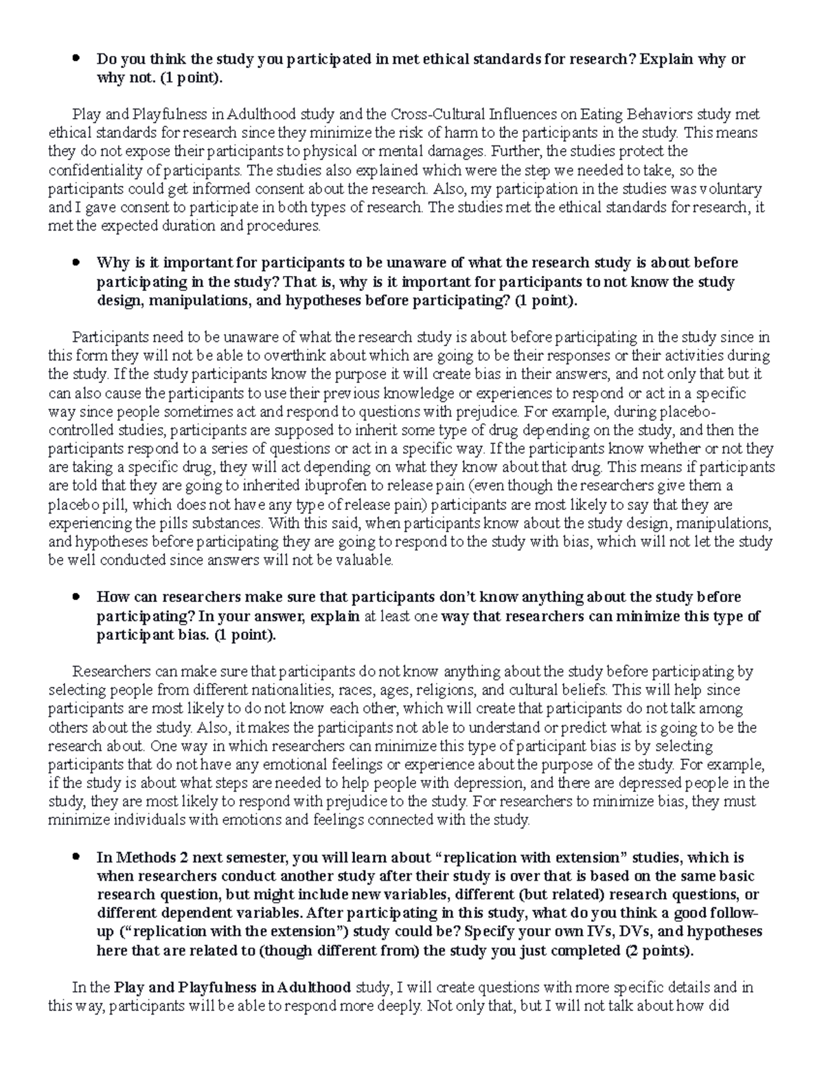 SONA Research Participation Part I Do you think the study you participated in met ethical