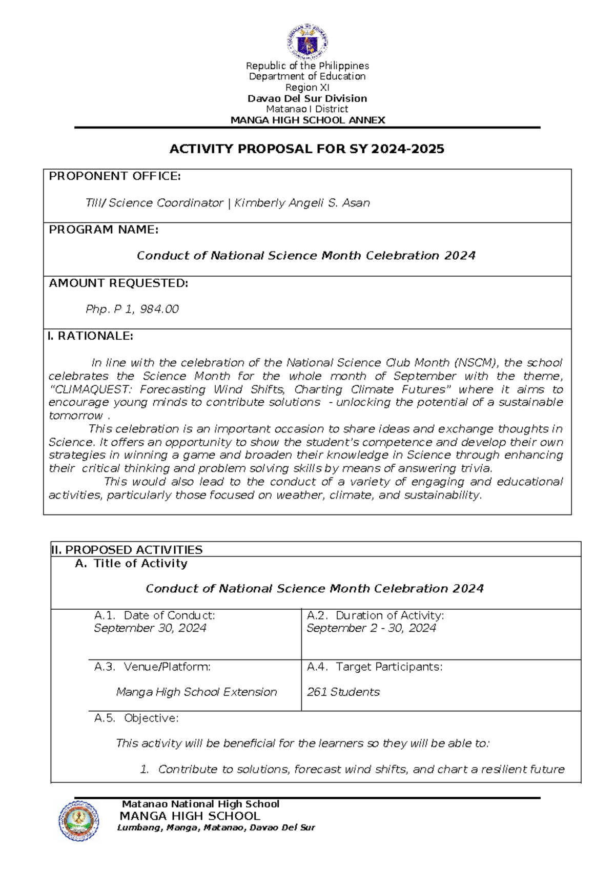 Activity Proposal FOR Science Motnh - Department of Education Region XI ...
