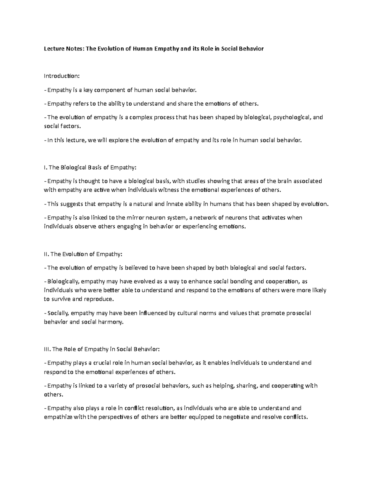 Lecture Notes: The Evolution of Human Empathy and its Role in Social ...