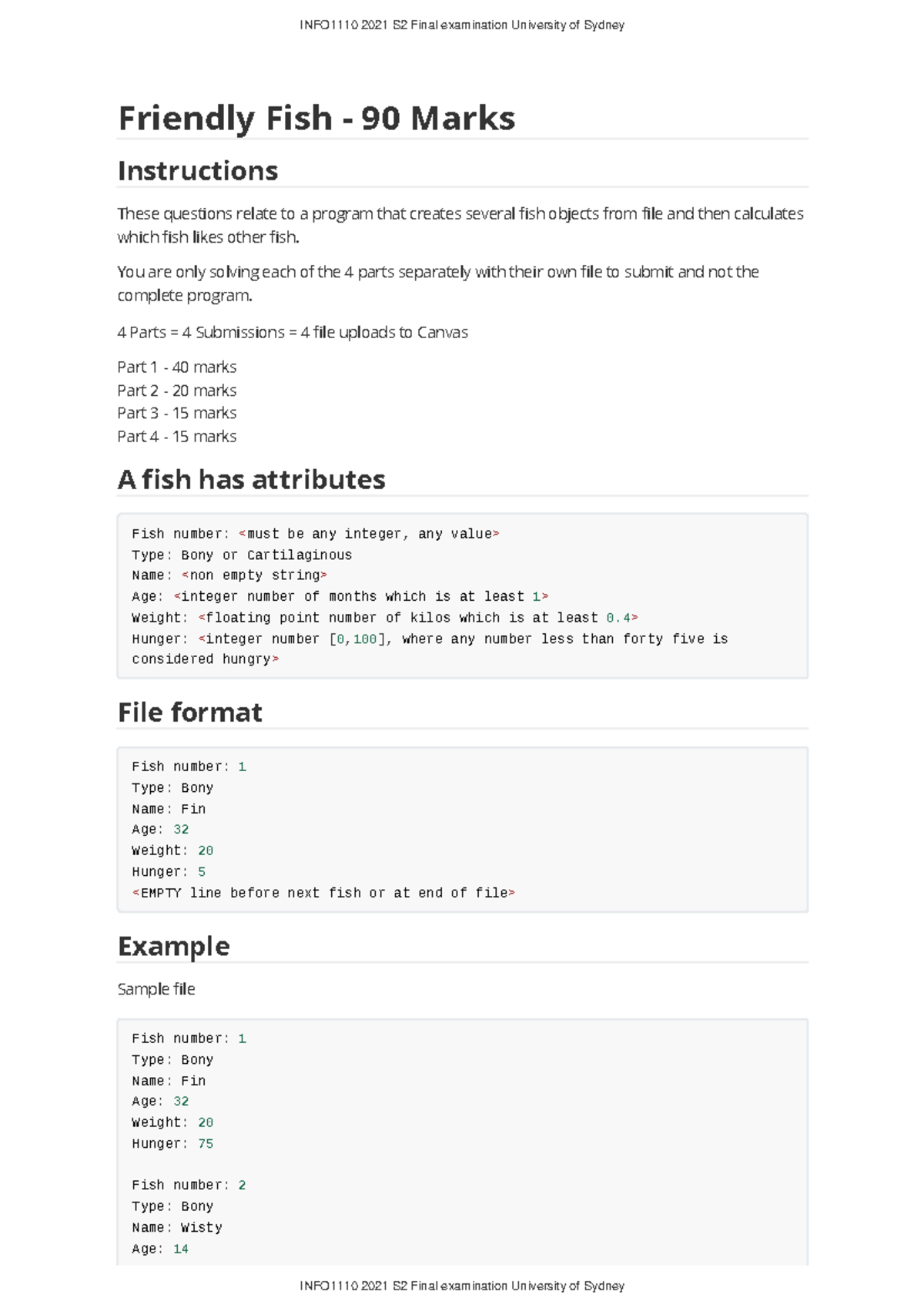 Programming-fish-1 - info1110 2021 final exam question - Friendly Fish ...