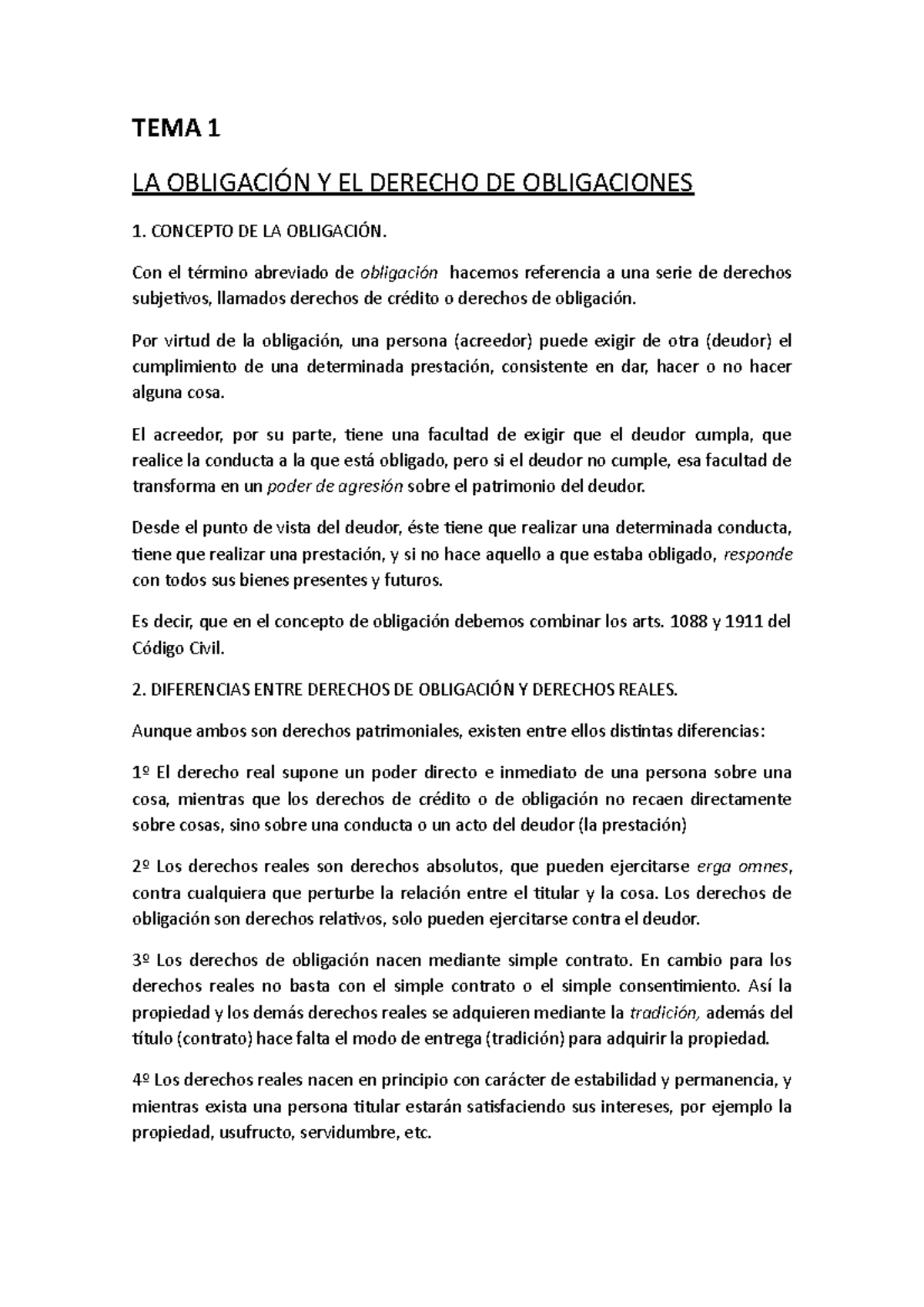 TEMA 1 - Apuntes 1 - TEMA 1 LA OBLIGACIÓN Y EL DERECHO DE OBLIGACIONES ...