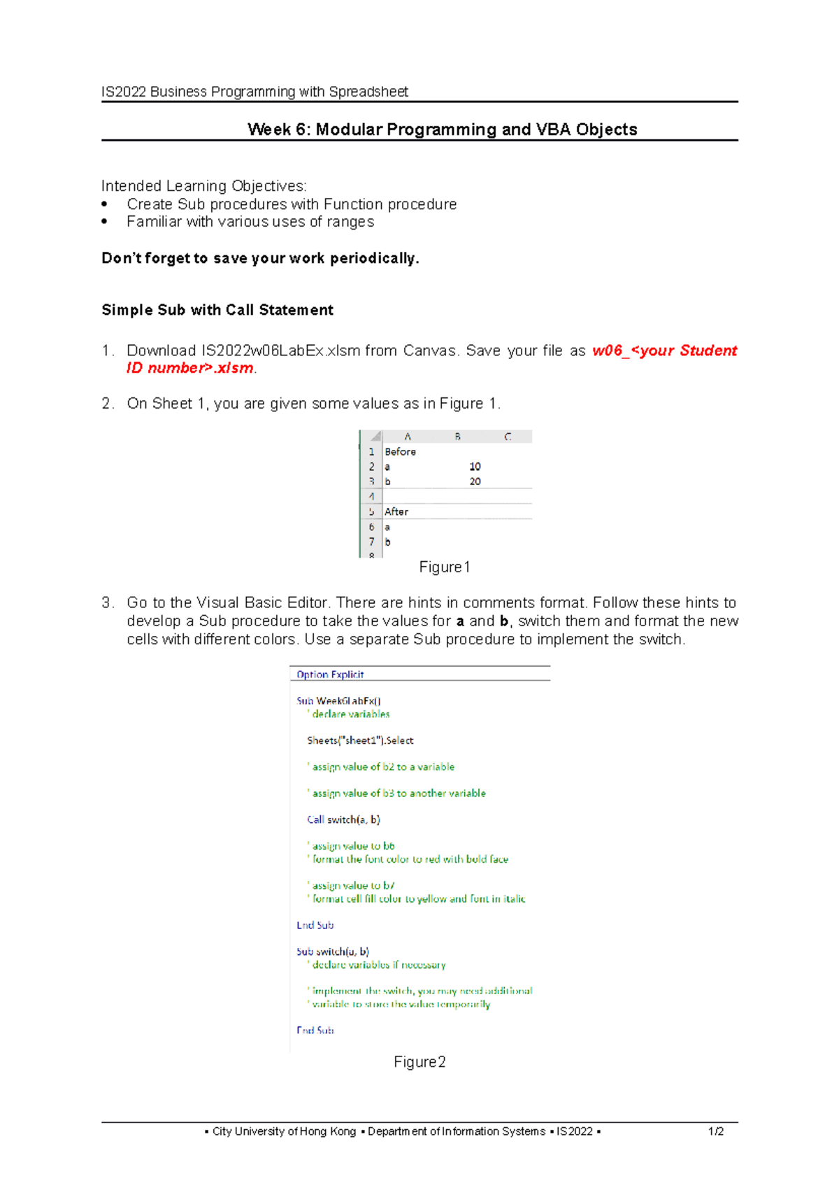 IS2022w06Lab - wk6 - IS2022 Business Programming with Spreadsheet Week ...
