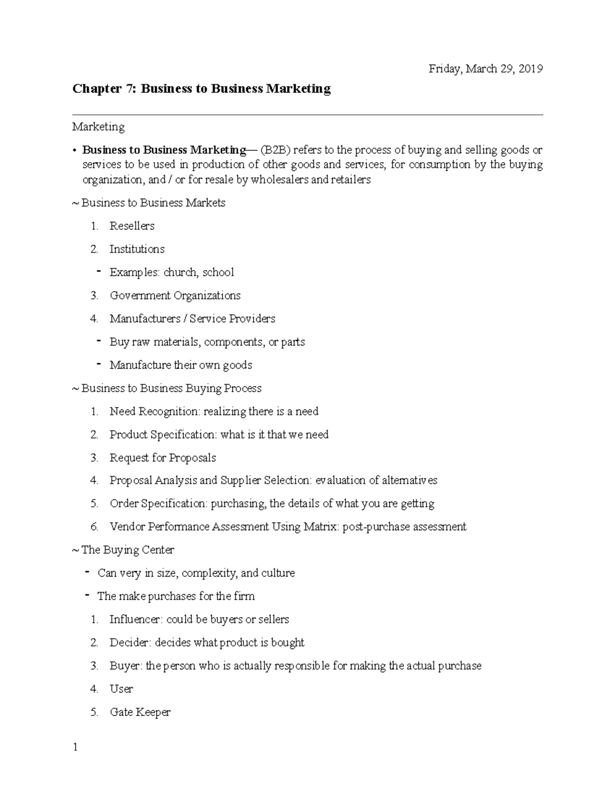 Chapter 7- Business To Business Marketing - Friday, March 29, 2019 ...