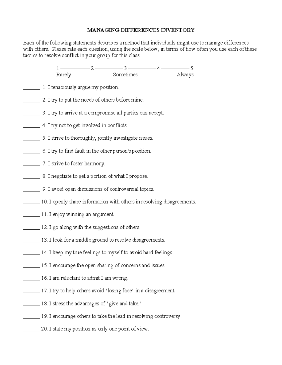 MDI for teamwork - MANAGING DIFFERENCES INVENTORY Each of the following ...