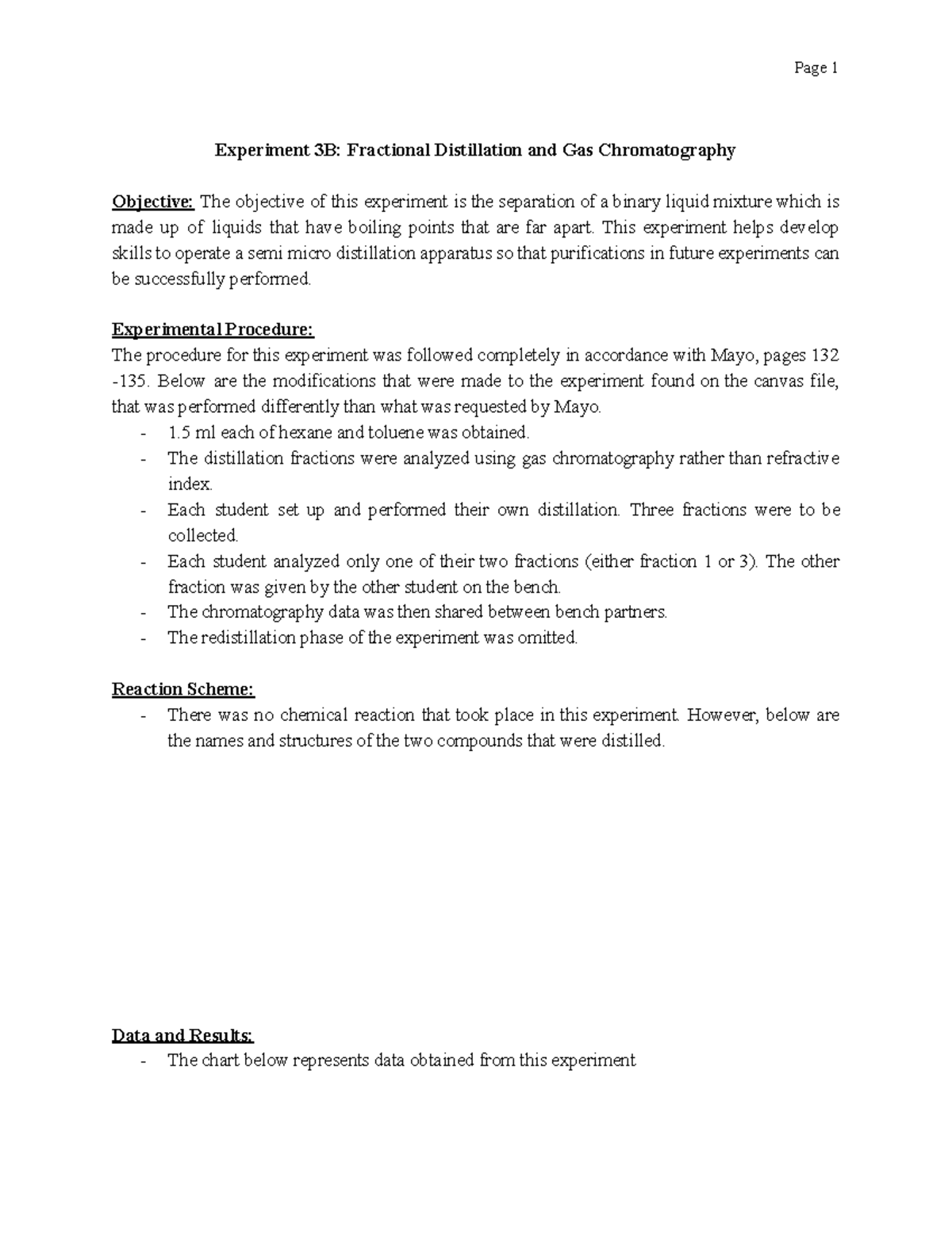 Lab Report 4 Experiment 3B Fractional Distillation and Gas Chromatography Objective The