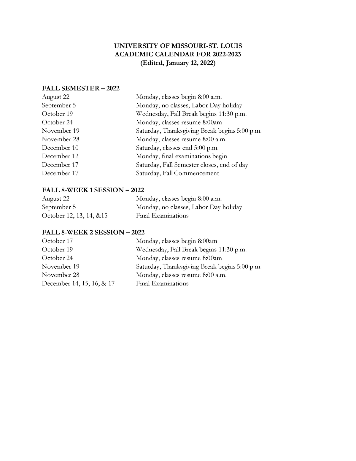 Academic calendar 2022 2023 edited UNIVERSITY OF MISSOURIST. LOUIS