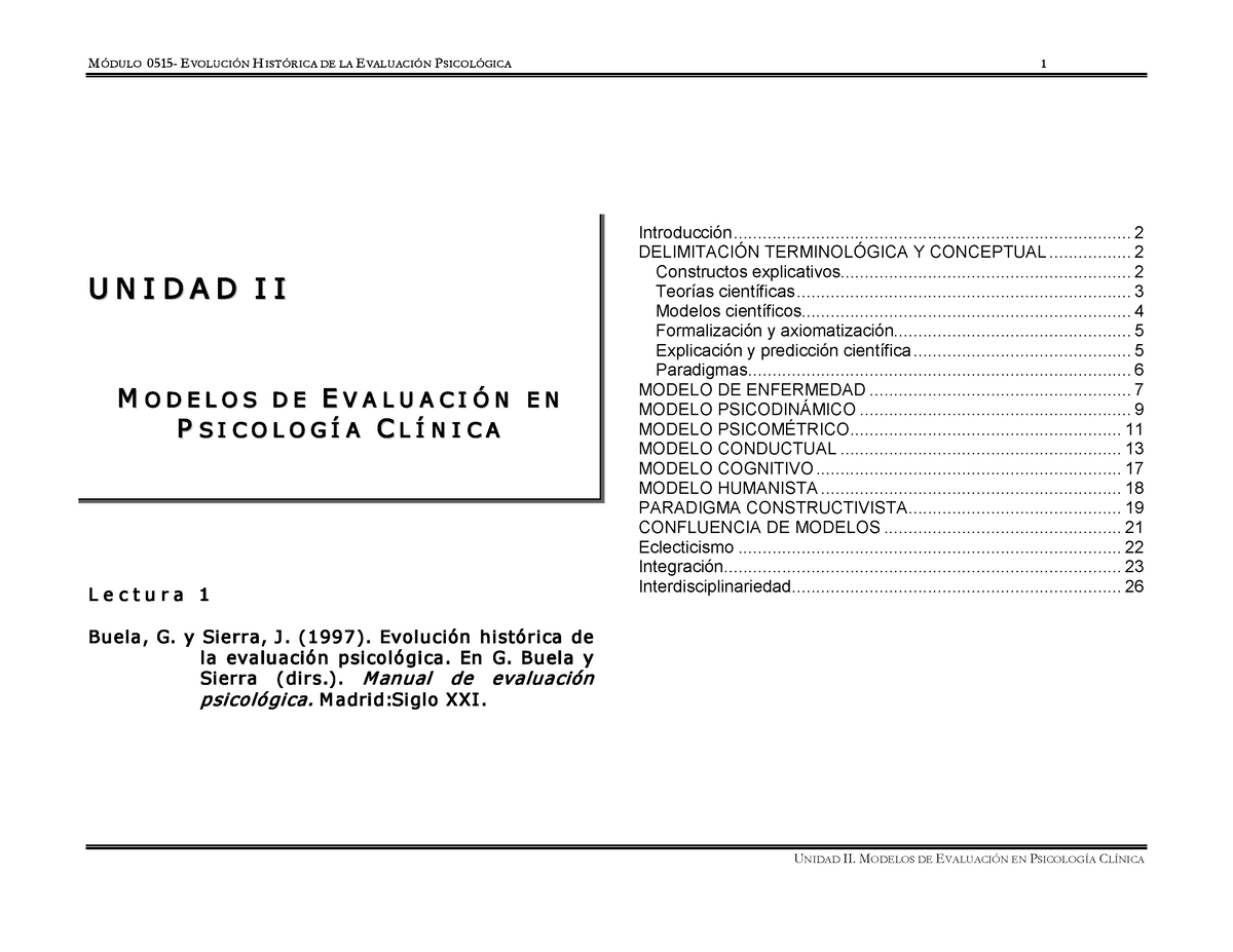 Buela Lectura 1 Modelos De Evaluación En Psicología Clínica Lectura 1 Buela G Y Sierra J 9536