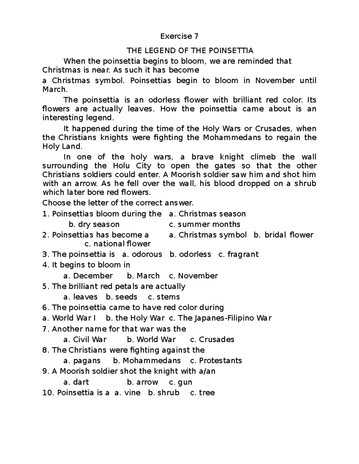 Exercises 7 and 8 Developing Reading Power Exercise 7 THE LEGEND OF