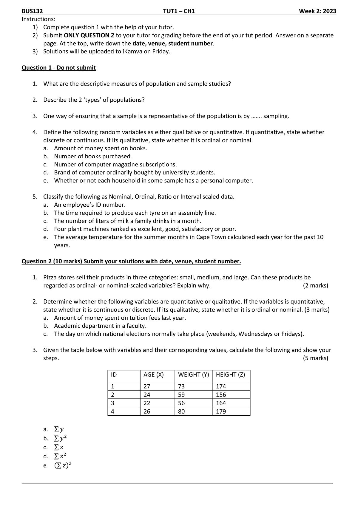 BUS132 Tut1 Ch1 2023 - Introduction to business statistics - BUS132 ...