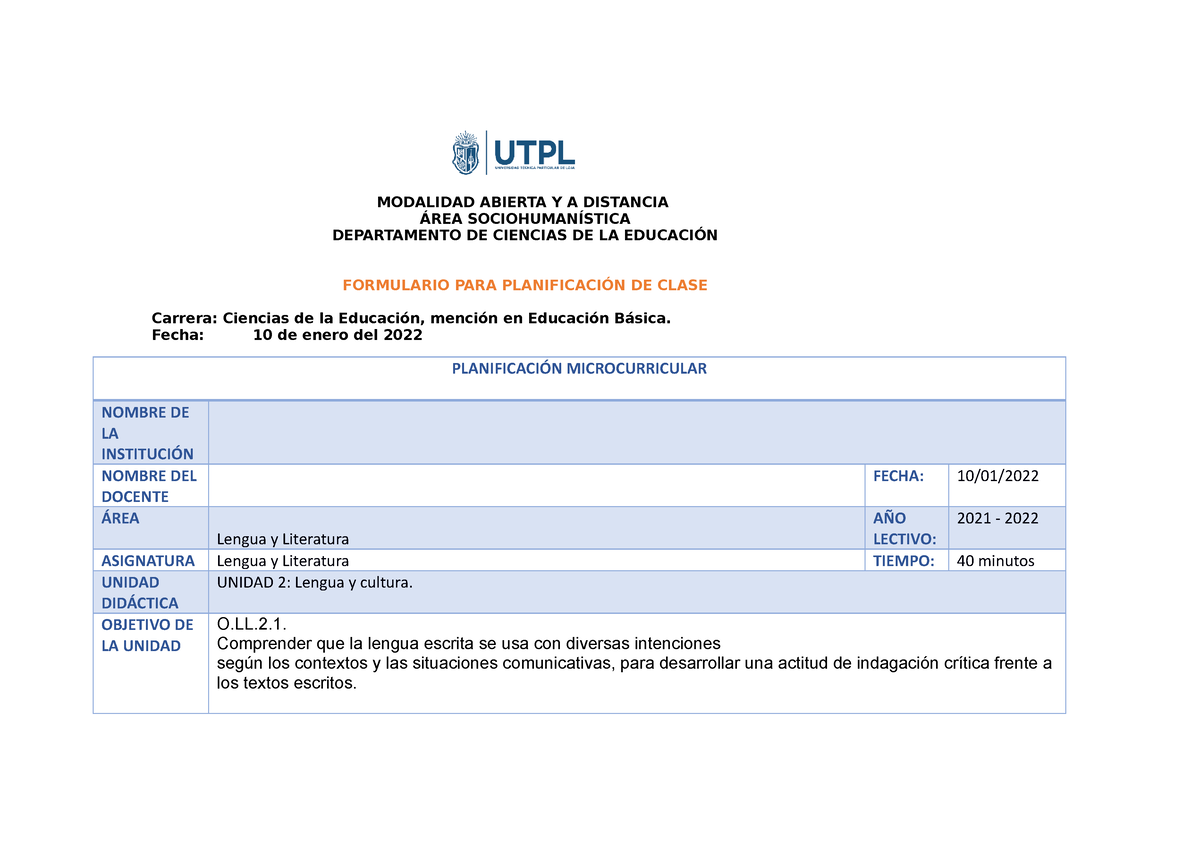Planificación DE Lengua Y Literatura DE Enero MODALIDAD ABIERTA Y A DISTANCIA ÁREA