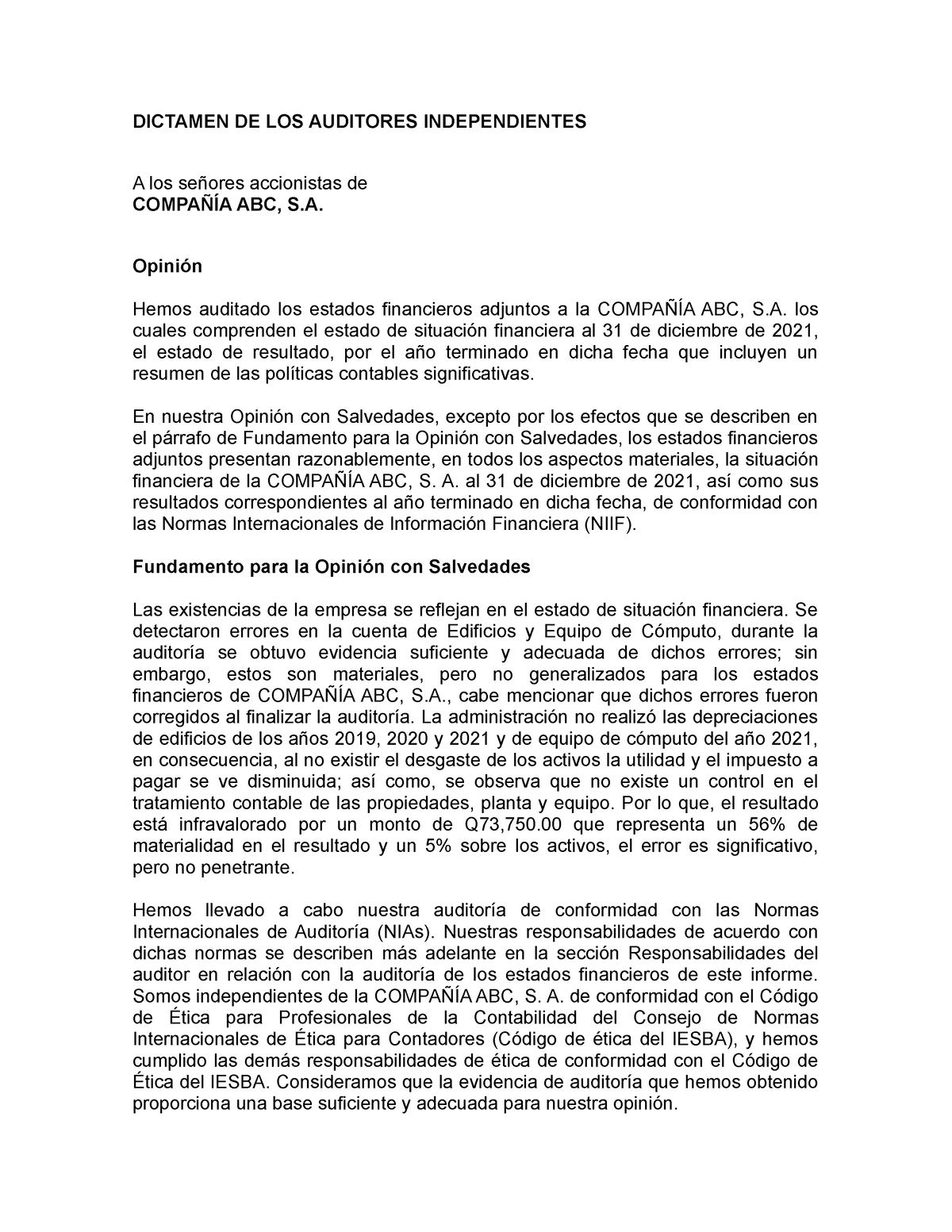 Dictamen DE LOS Auditores Independientes ABC - DICTAMEN DE LOS ...