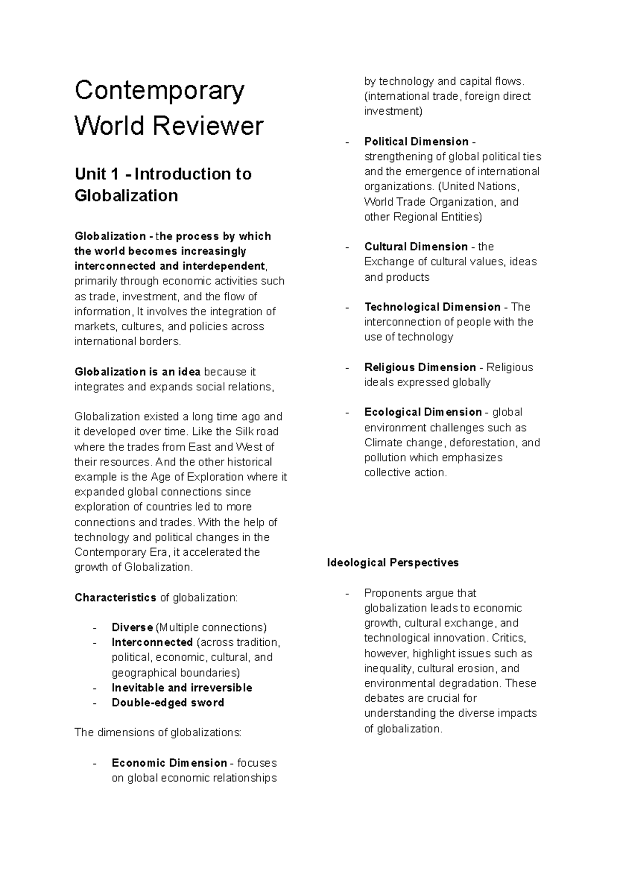 TCW Reviewer - Contemporary World Reviewer Unit 1 - Introduction To ...