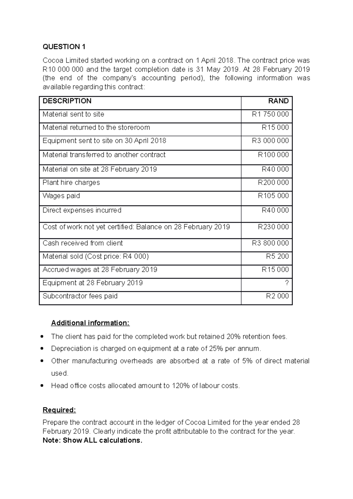 Cocoa Ltd contracts costing QUESTION 1 Cocoa Limited started working