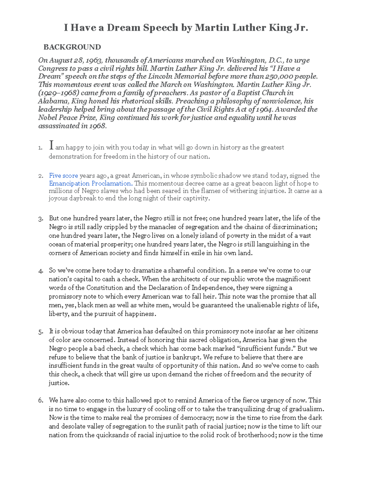 I Have a Dream Speech by Martin Luther King Jr - BACKGROUND On August ...