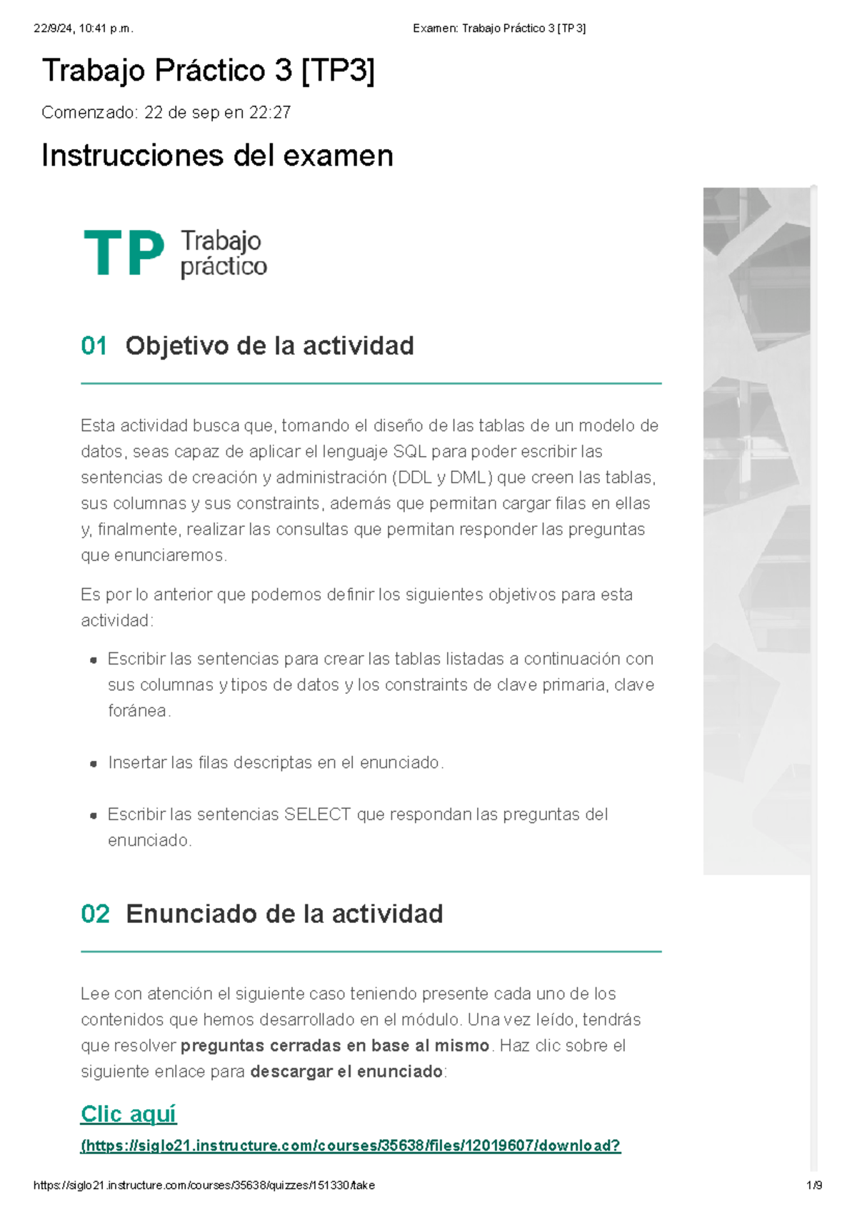 Trabajo Práctico N 3 - Trabajo Práctico 3 [TP3] Comenzado: 22 de sep en ...