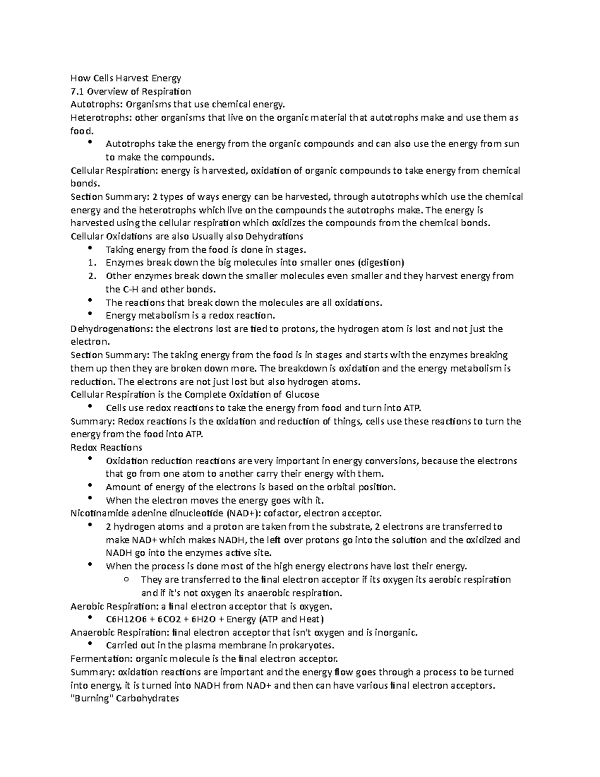 Bio 1510 Notes Chatper 7 - How Cells Harvest Energy 7 Overview of ...