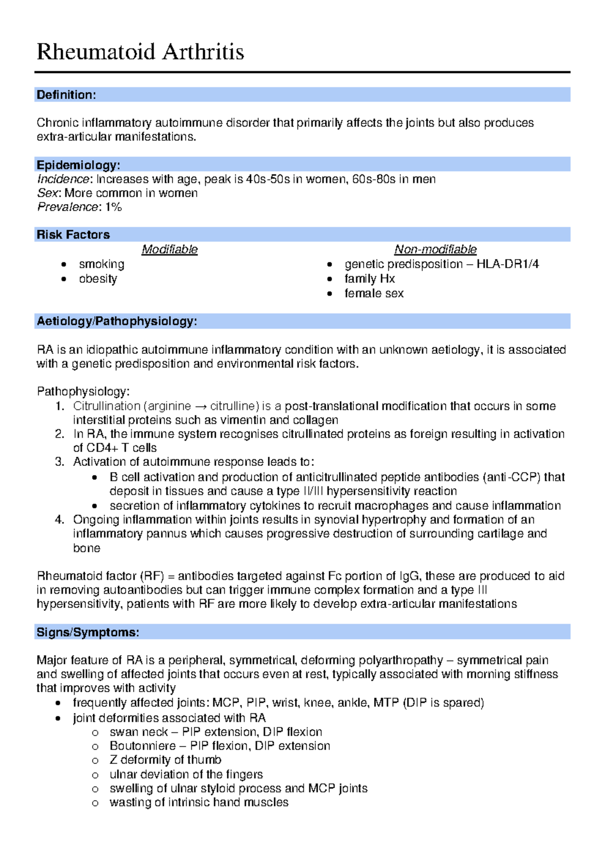 Rheumatoid Arthritis Key pathology summary Rheumatoid Arthritis