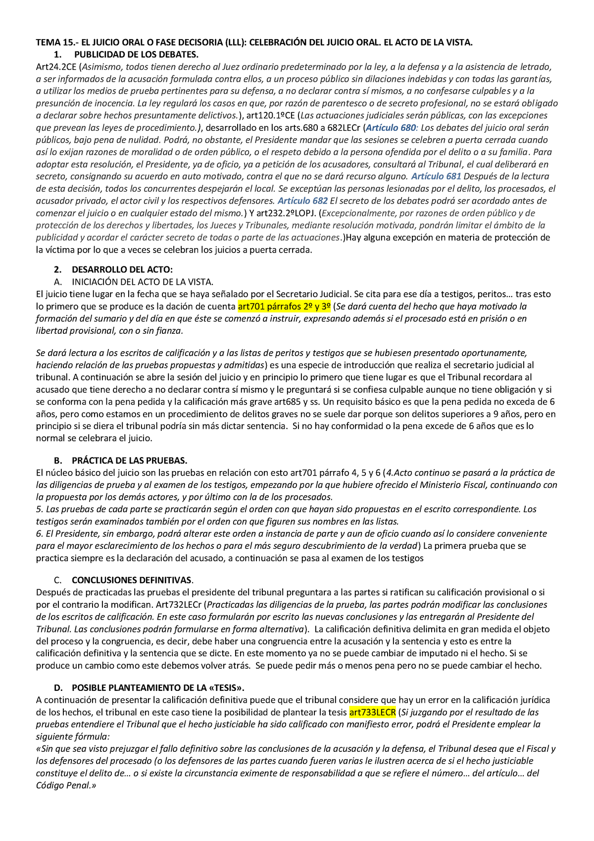 TEMA 15 DERECHO PROCESAL PENAL - TEMA EL JUICIO ORAL O FASE DECISORIA ...