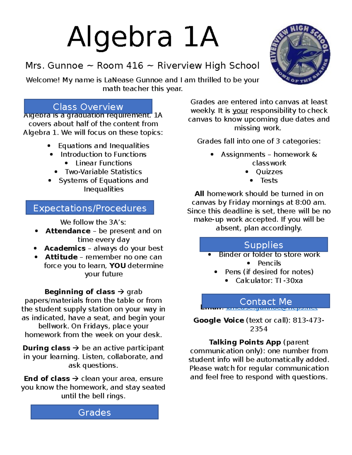 22-23 Syllabus - Algebra 1A Mrs. Gunnoe ~ Room 416 ~ Riverview High ...