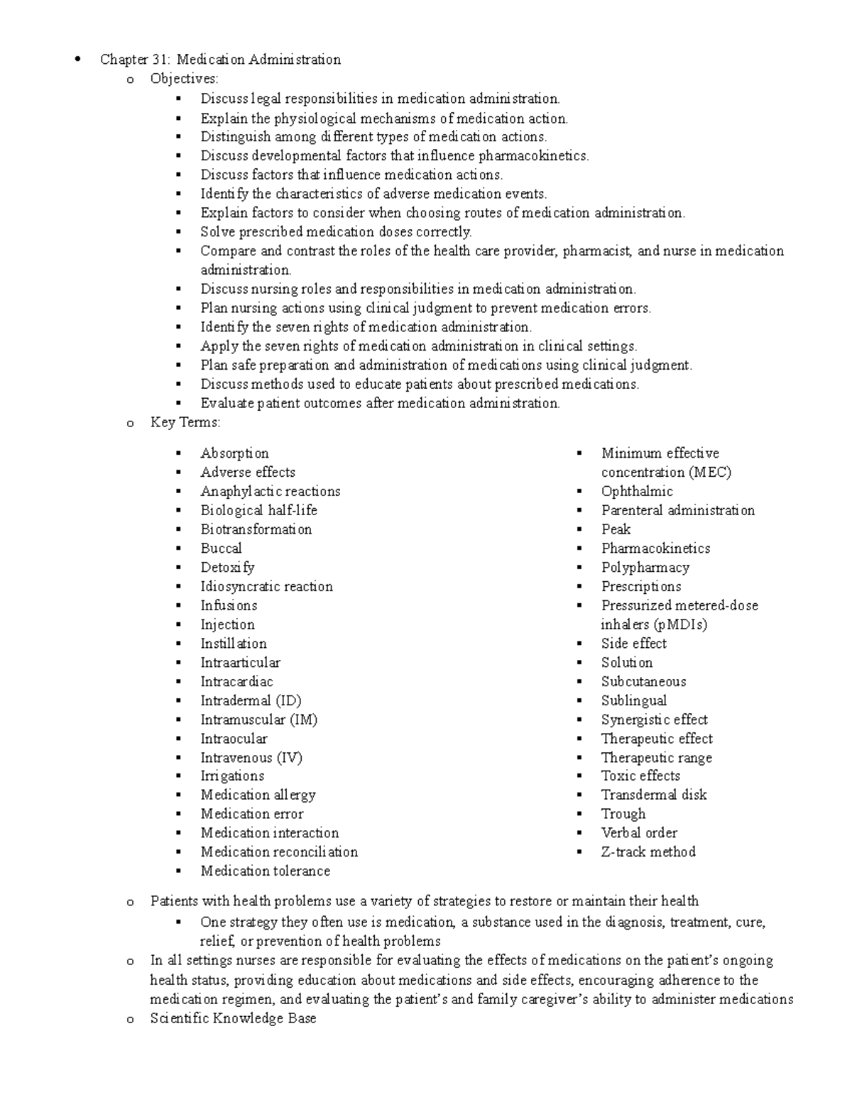 Chapter 31 Notes - Chapter 31: Medication Administration o Objectives ...