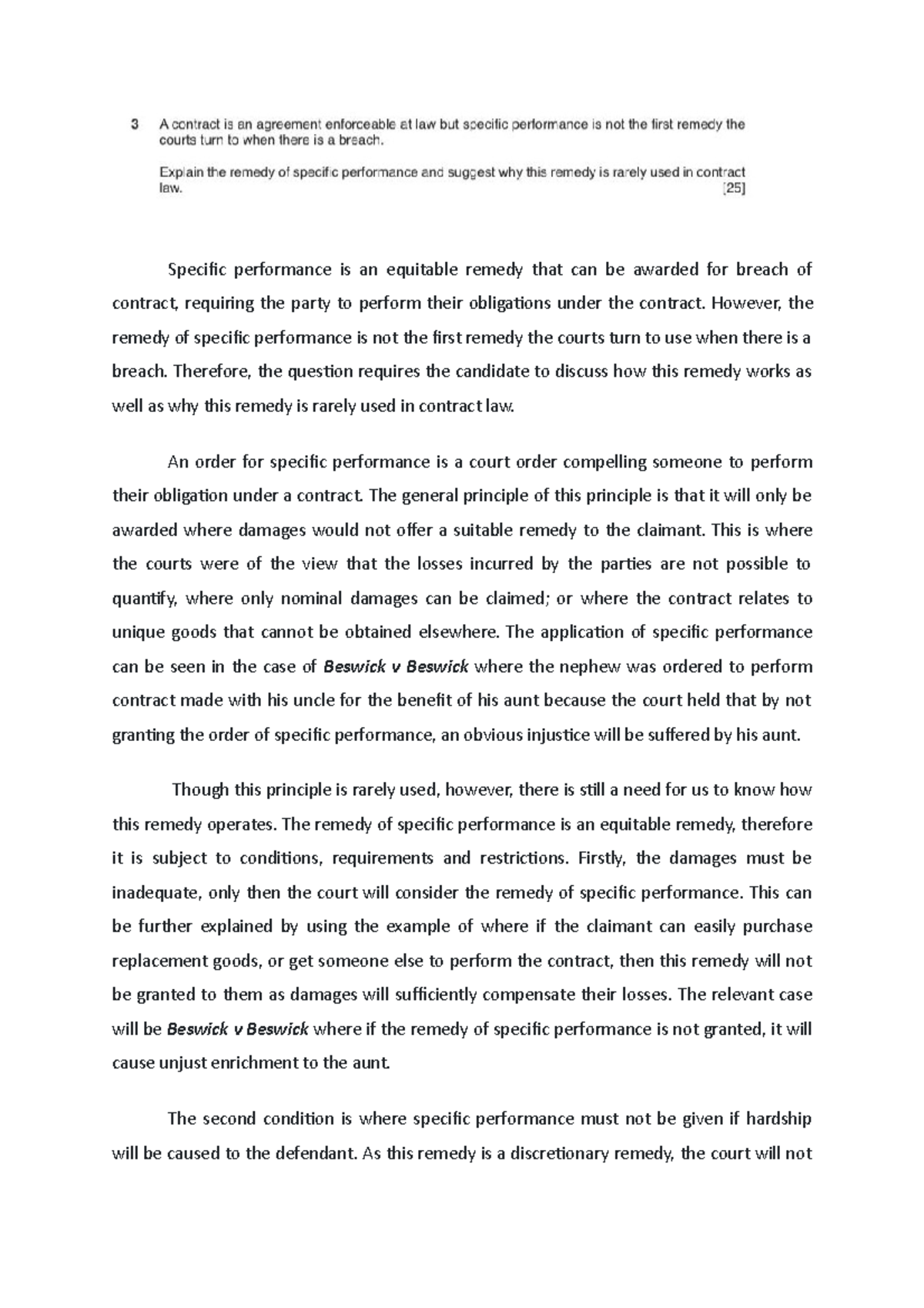 Specific performance essay - Specific performance is an equitable ...