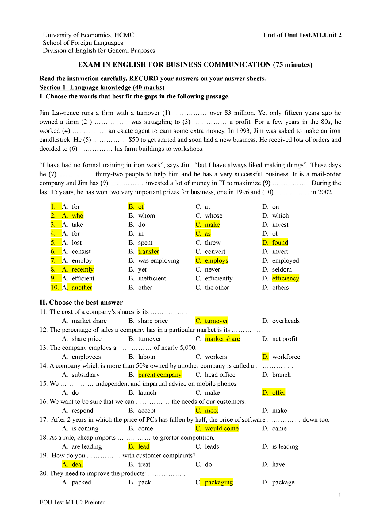 EOU TEST 2 With Key - Tahp1 - University Of Economics, HCMC School Of ...