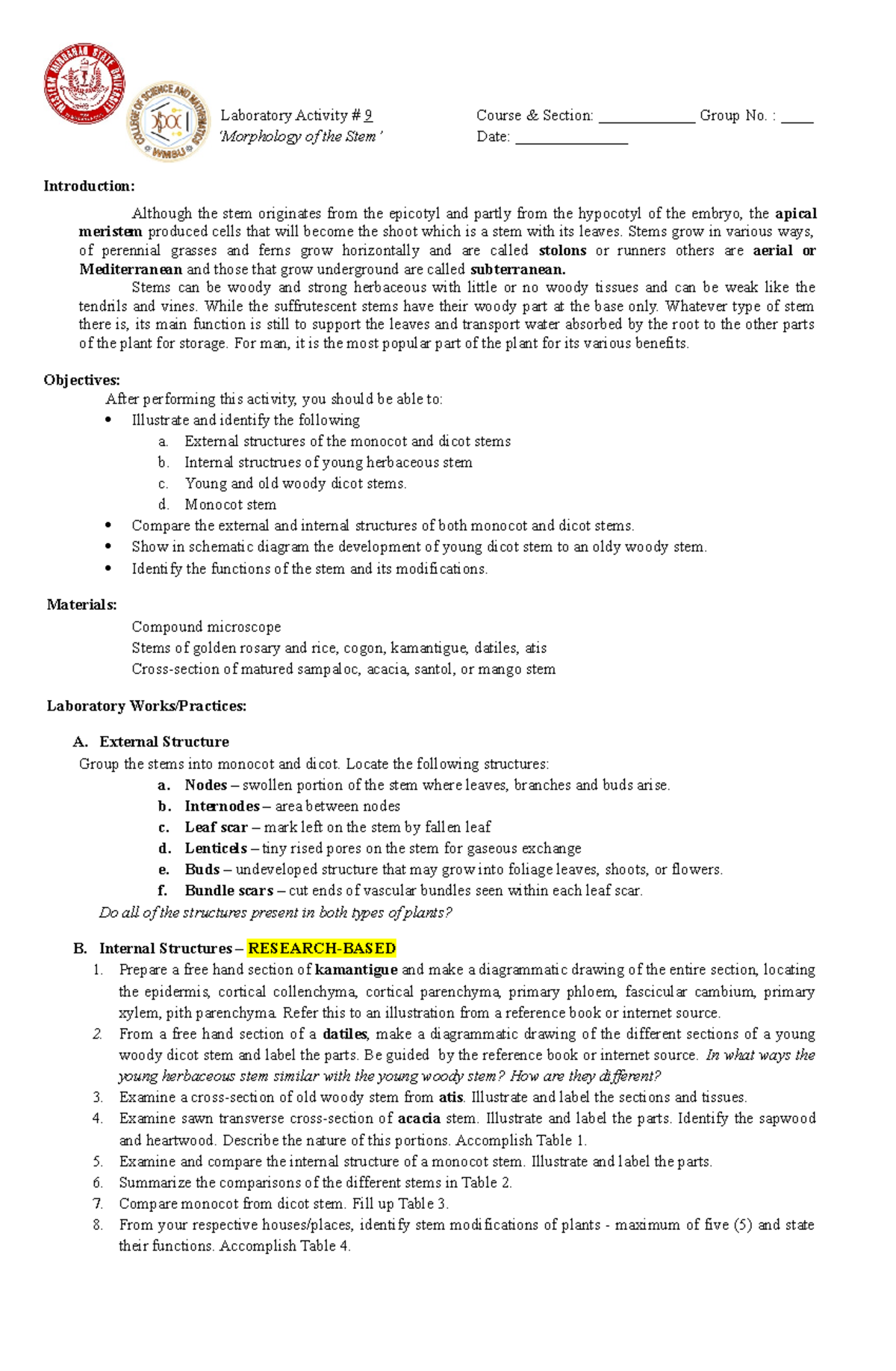 Laboratory Activity 9 Stem Morphology Laboratory Activity 9