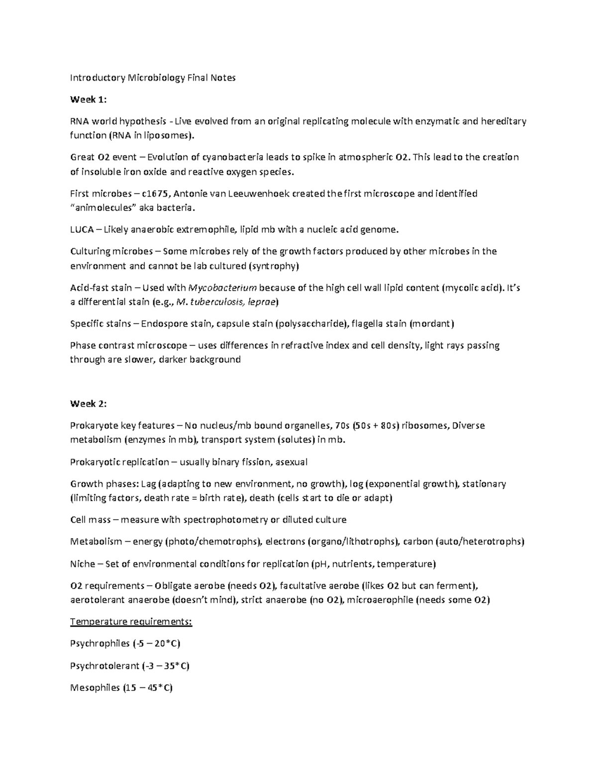 Introductory Microbiology Final Notes - Great O2 event – Evolution of ...