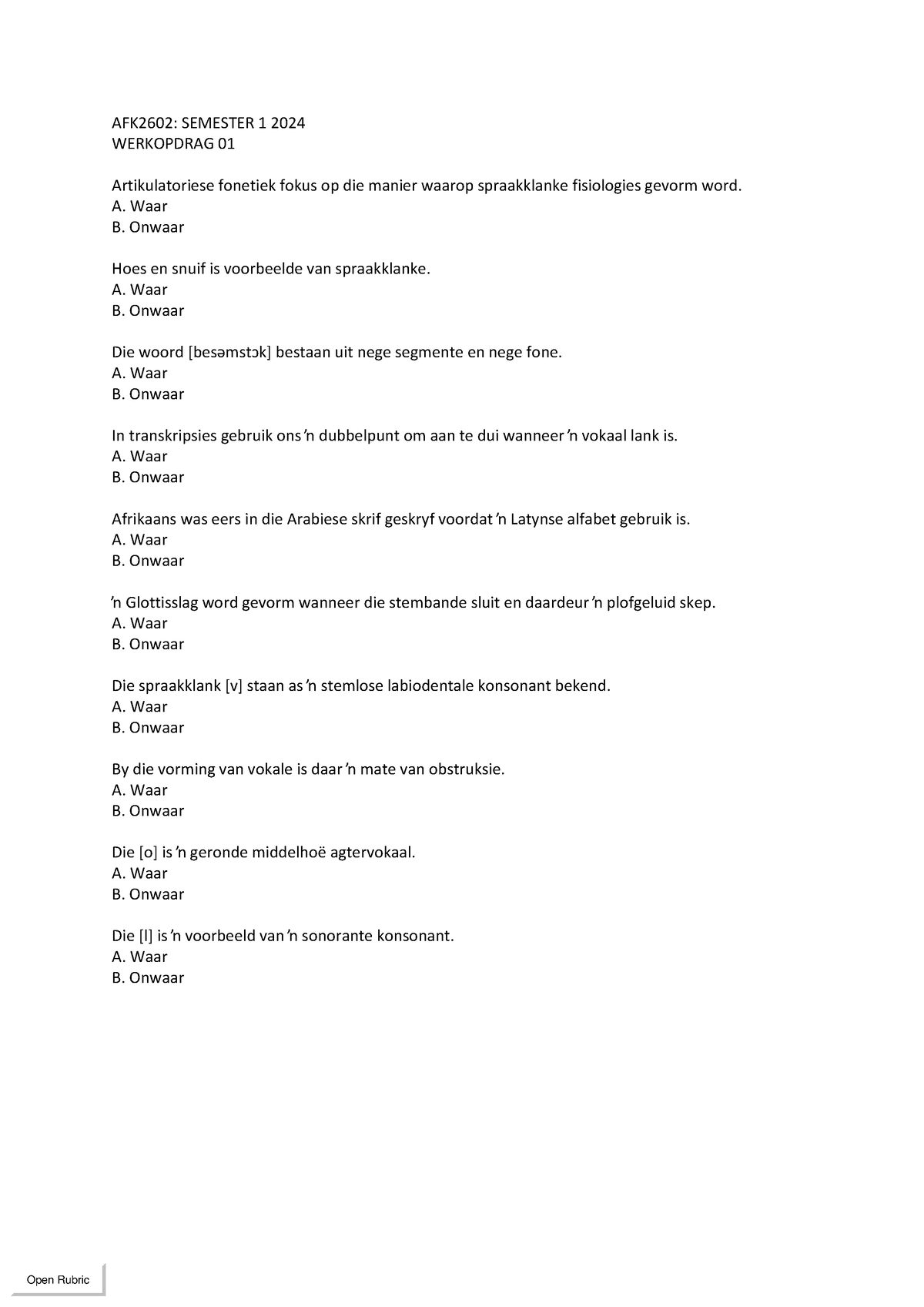 AFK2602 Werkopdrag 01 S1 2024 - AFK2602: SEMESTER 1 2024 WERKOPDRAG 01 ...