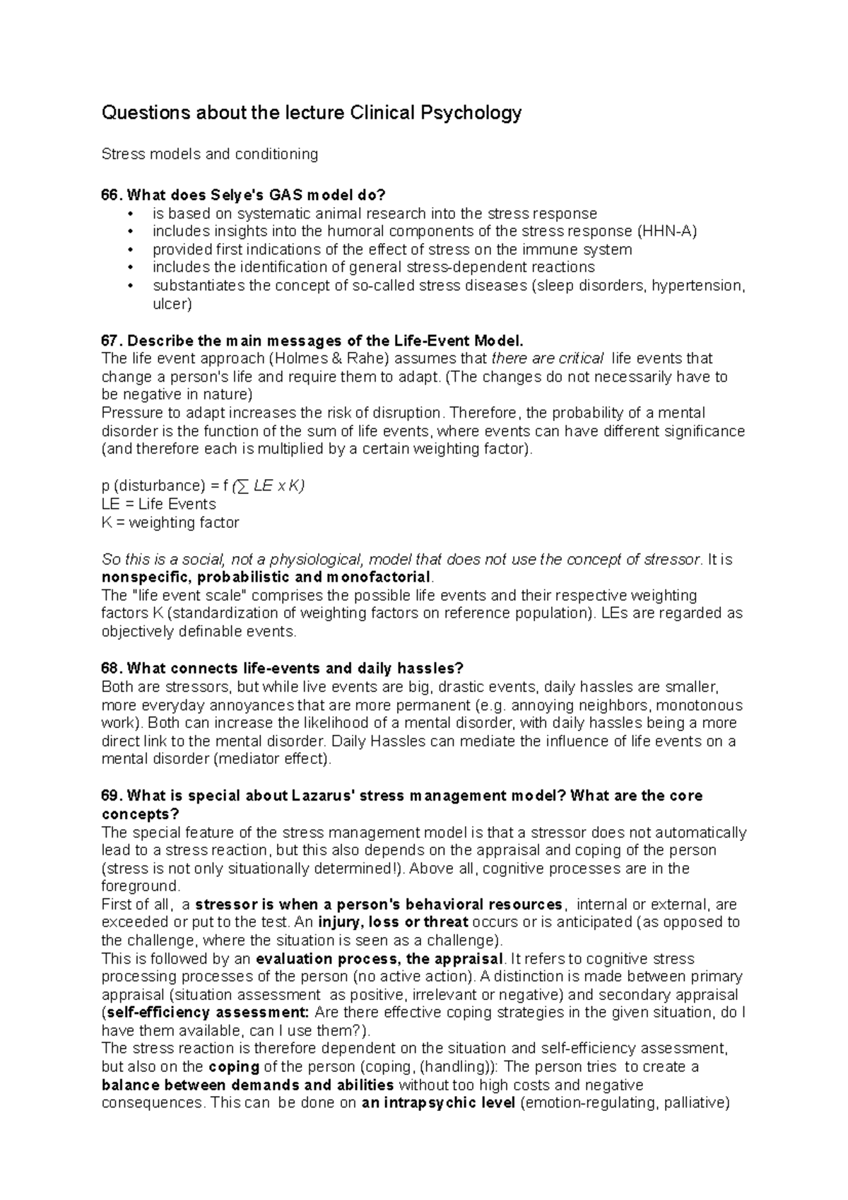 Questions and answers 7 Stress models and conditioning Questions
