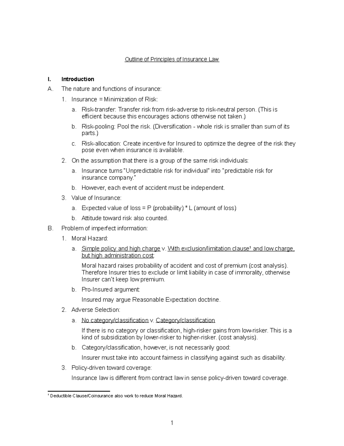 Insurance Law - Introduction A. The Nature And Functions Of Insurance 