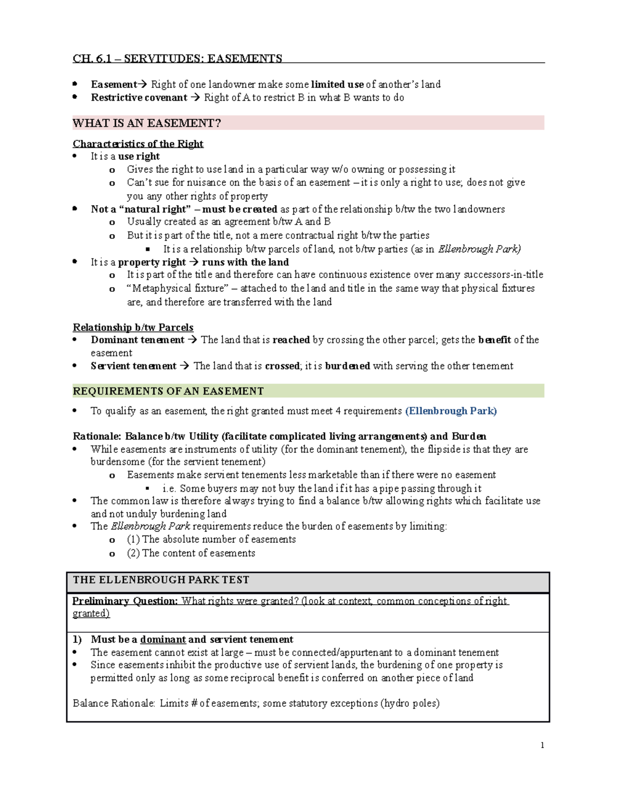 Final Exam Map - CH. 6 – SERVITUDES: EASEMENTS Easement Right of one ...