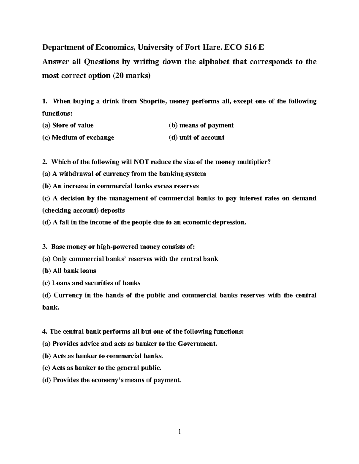 UFH undergraduate economics test 1.pdf Department of