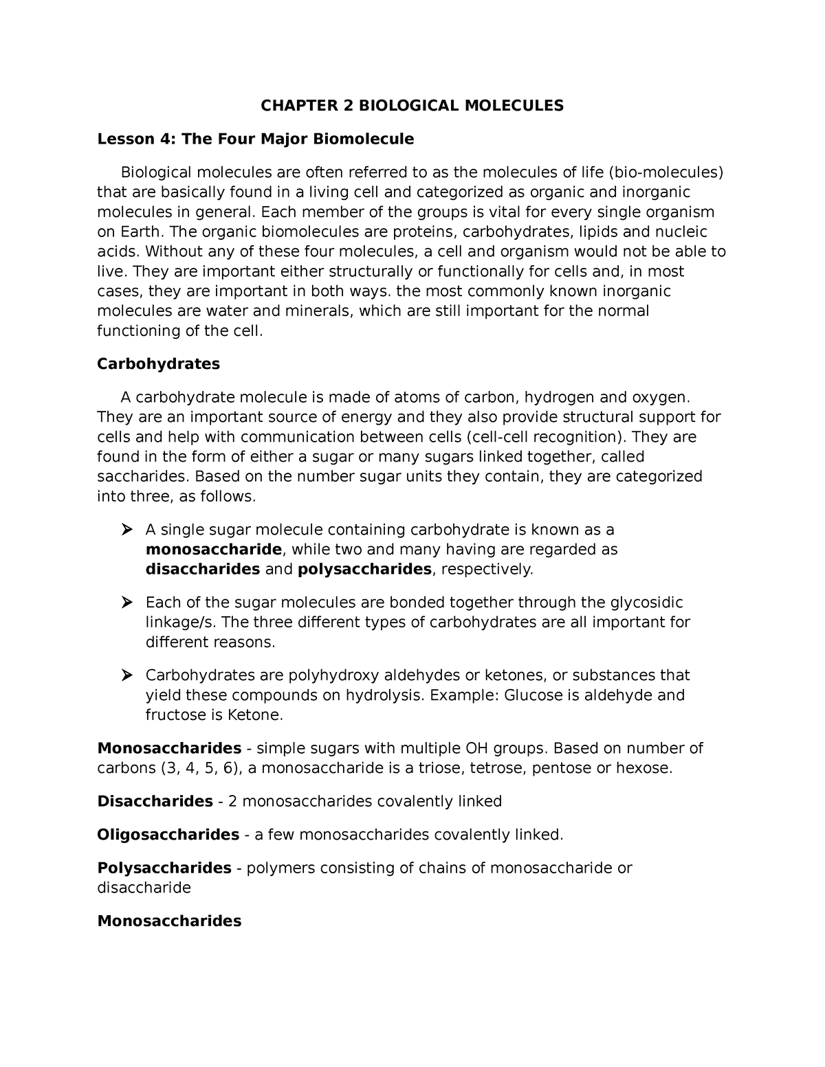 Chapter 2 Biological Molecules - Biology - CHAPTER 2 BIOLOGICAL ...