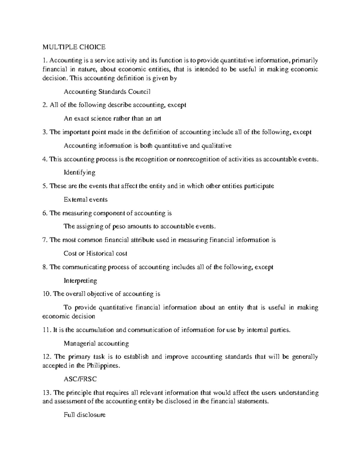 Multiple Choice - Financial Accounting And Reporting - MULTIPLE CHOICE ...