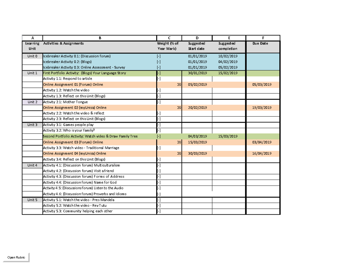 AFL1501 2019 Assessment+Plan+-+S1 - A B C D E F Learning Activities ...